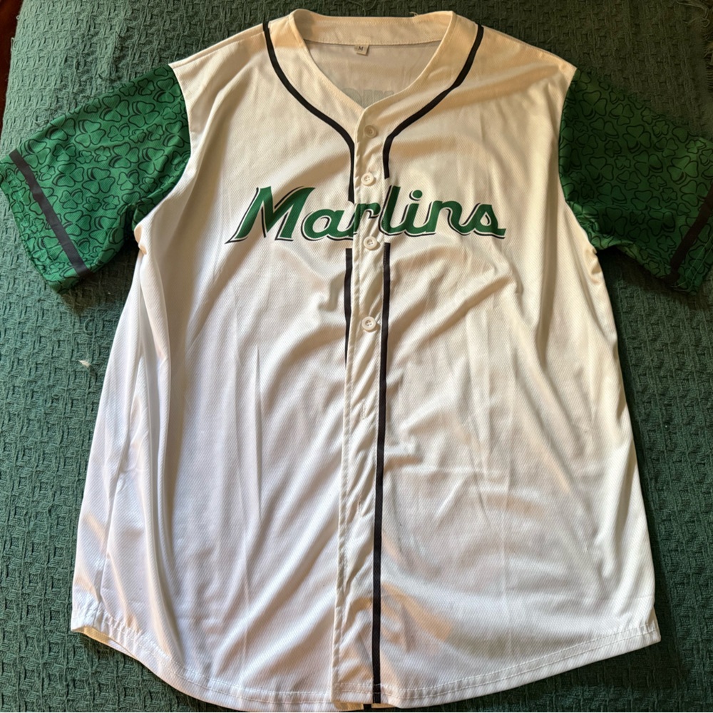 Marlins Baseball Jersey - White with Green Sleeves
